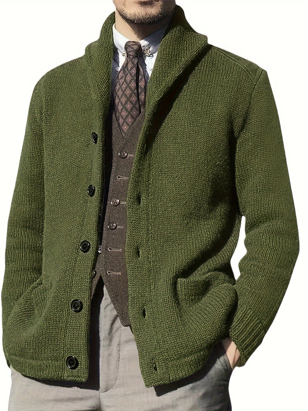 Casual Patchwork Knit Cardigan for Men - Acrylic Blend Long Sleeve Crew Neck Sweater with Button Details, Loose Fit, Medium Stretch Fabric for Spring, Fall, & Winter - Outdoor & Night Out Top - La Tienda Bella