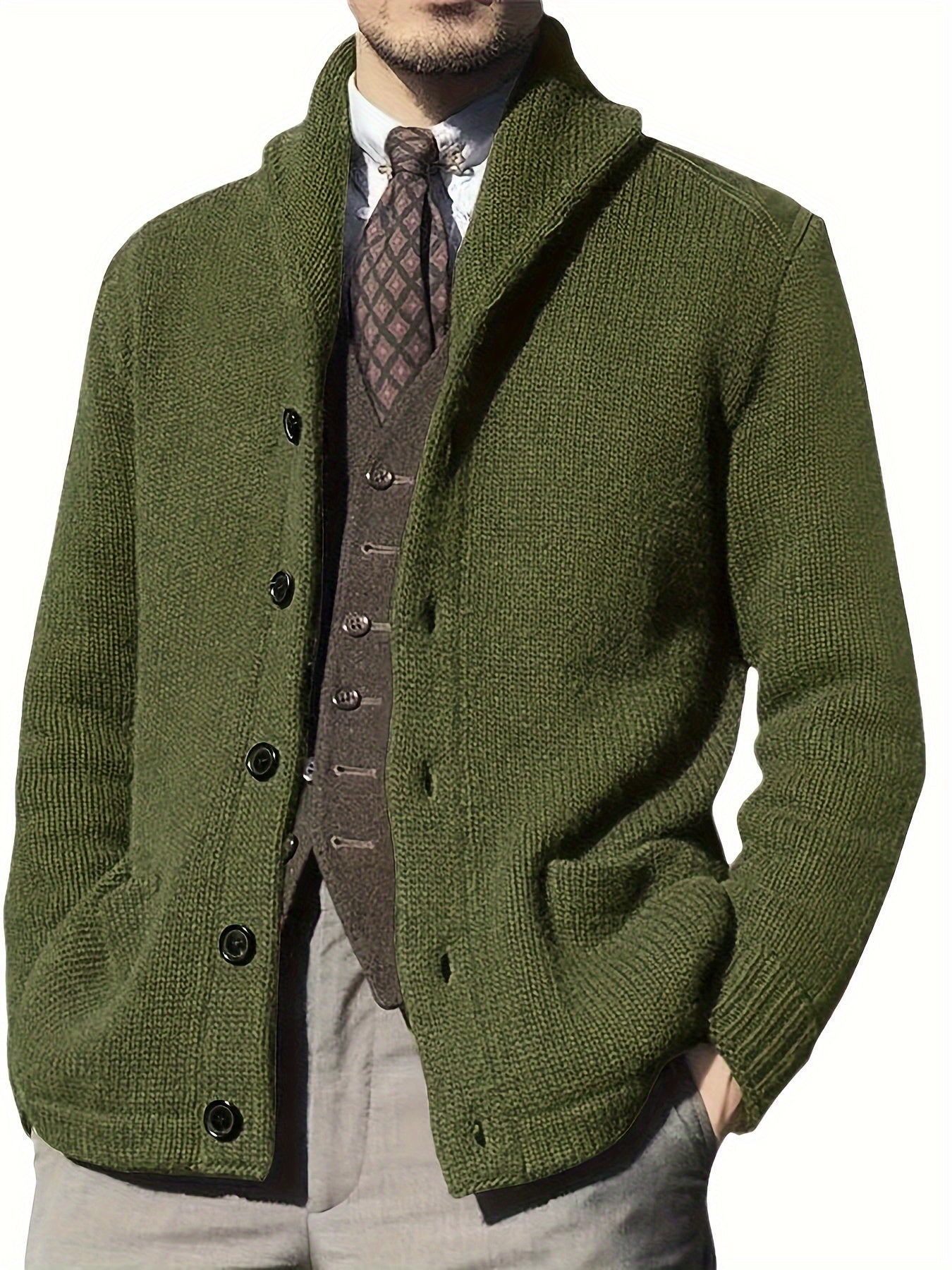 Casual Patchwork Knit Cardigan for Men - Acrylic Blend Long Sleeve Crew Neck Sweater with Button Details, Loose Fit, Medium Stretch Fabric for Spring, Fall, & Winter - Outdoor & Night Out Top - La Tienda Bella