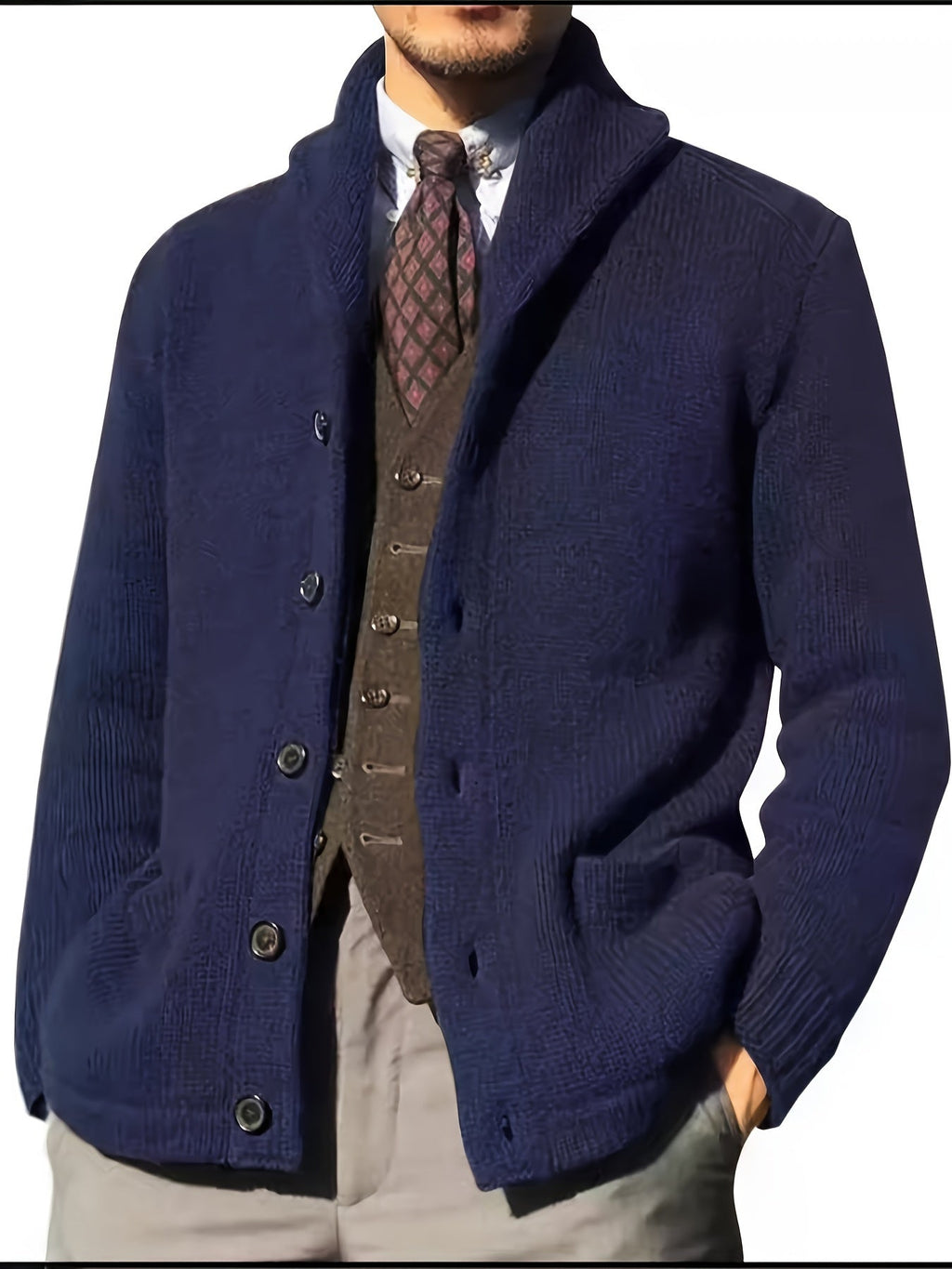 Casual Patchwork Knit Cardigan for Men - Acrylic Blend Long Sleeve Crew Neck Sweater with Button Details, Loose Fit, Medium Stretch Fabric for Spring, Fall, & Winter - Outdoor & Night Out Top - La Tienda Bella