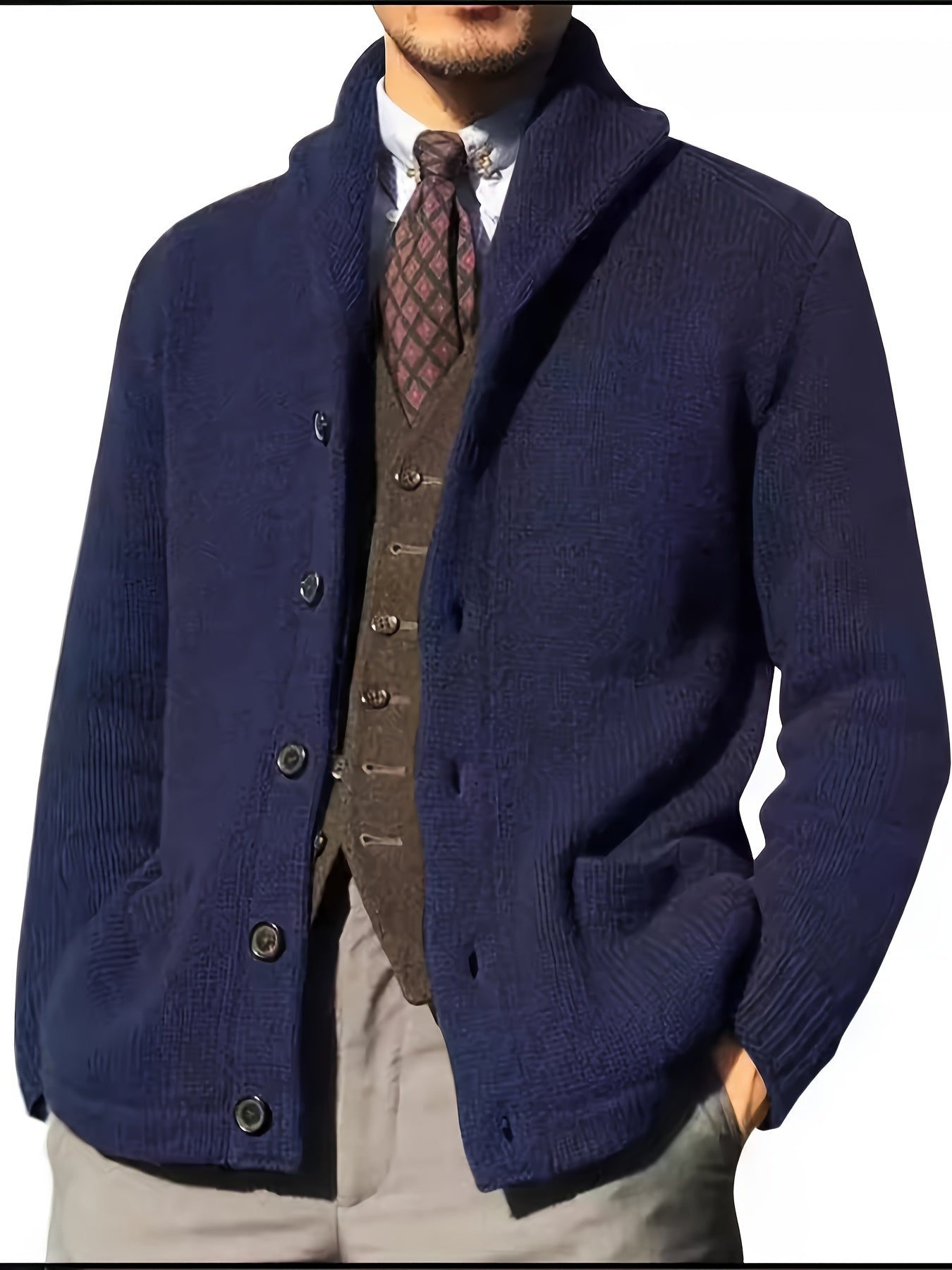 Casual Patchwork Knit Cardigan for Men - Acrylic Blend Long Sleeve Crew Neck Sweater with Button Details, Loose Fit, Medium Stretch Fabric for Spring, Fall, & Winter - Outdoor & Night Out Top - La Tienda Bella