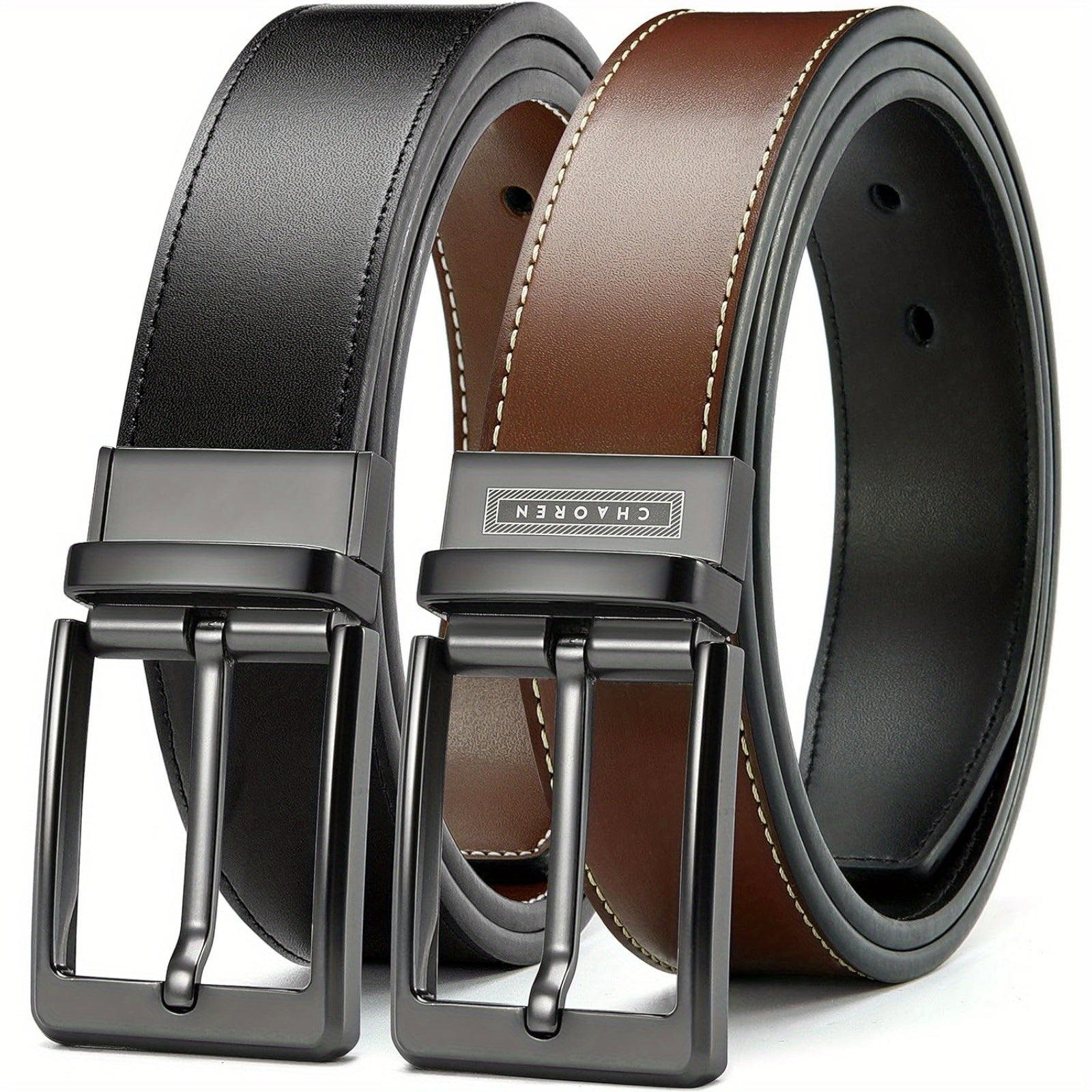 "Chaoren Reversible Leather Belt for Men, 1 3/8"" Width, Dress Pants, 2 Styles in One" - La Tienda Bella