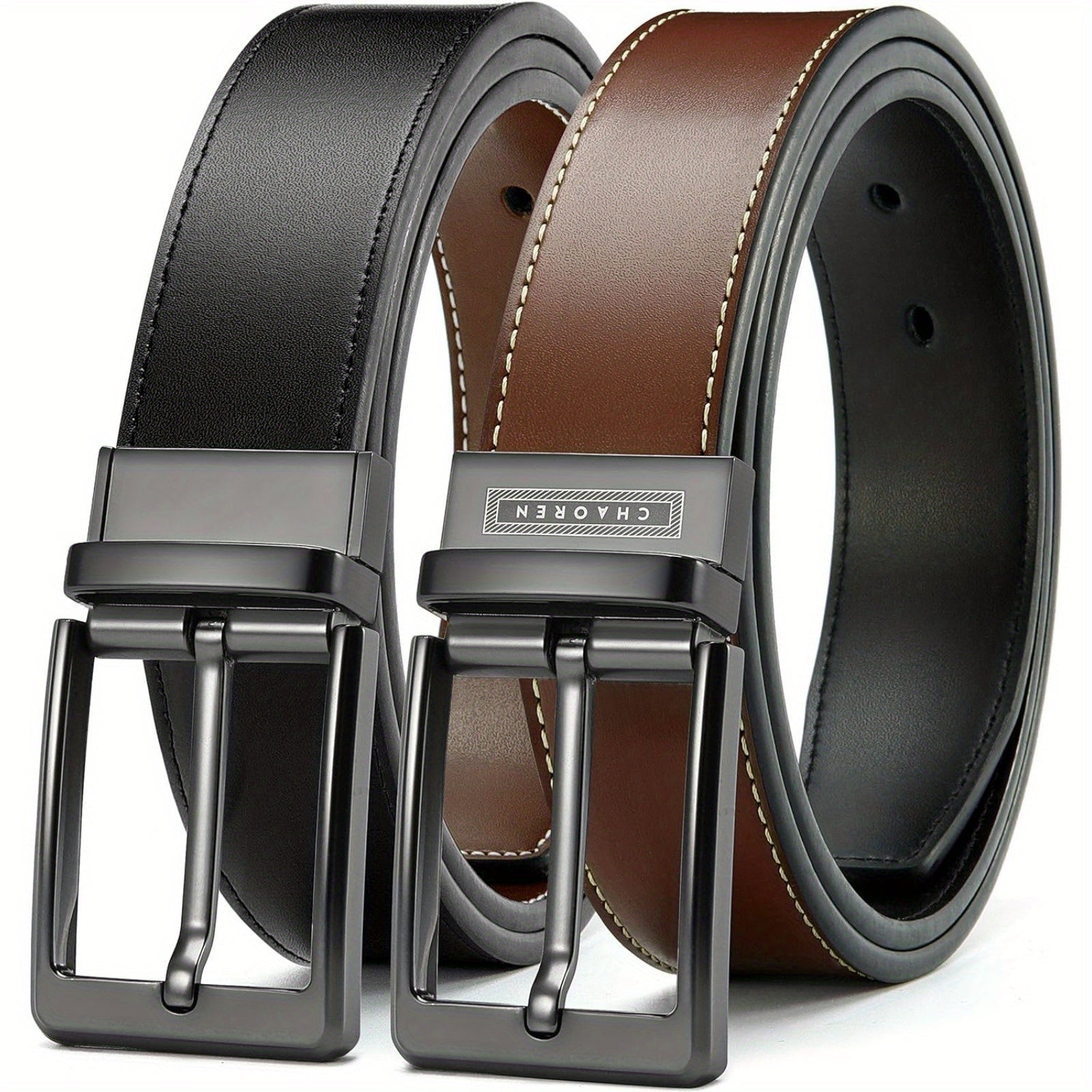 "Chaoren Reversible Leather Belt for Men, 1 3/8"" Width, Dress Pants, 2 Styles in One" - La Tienda Bella