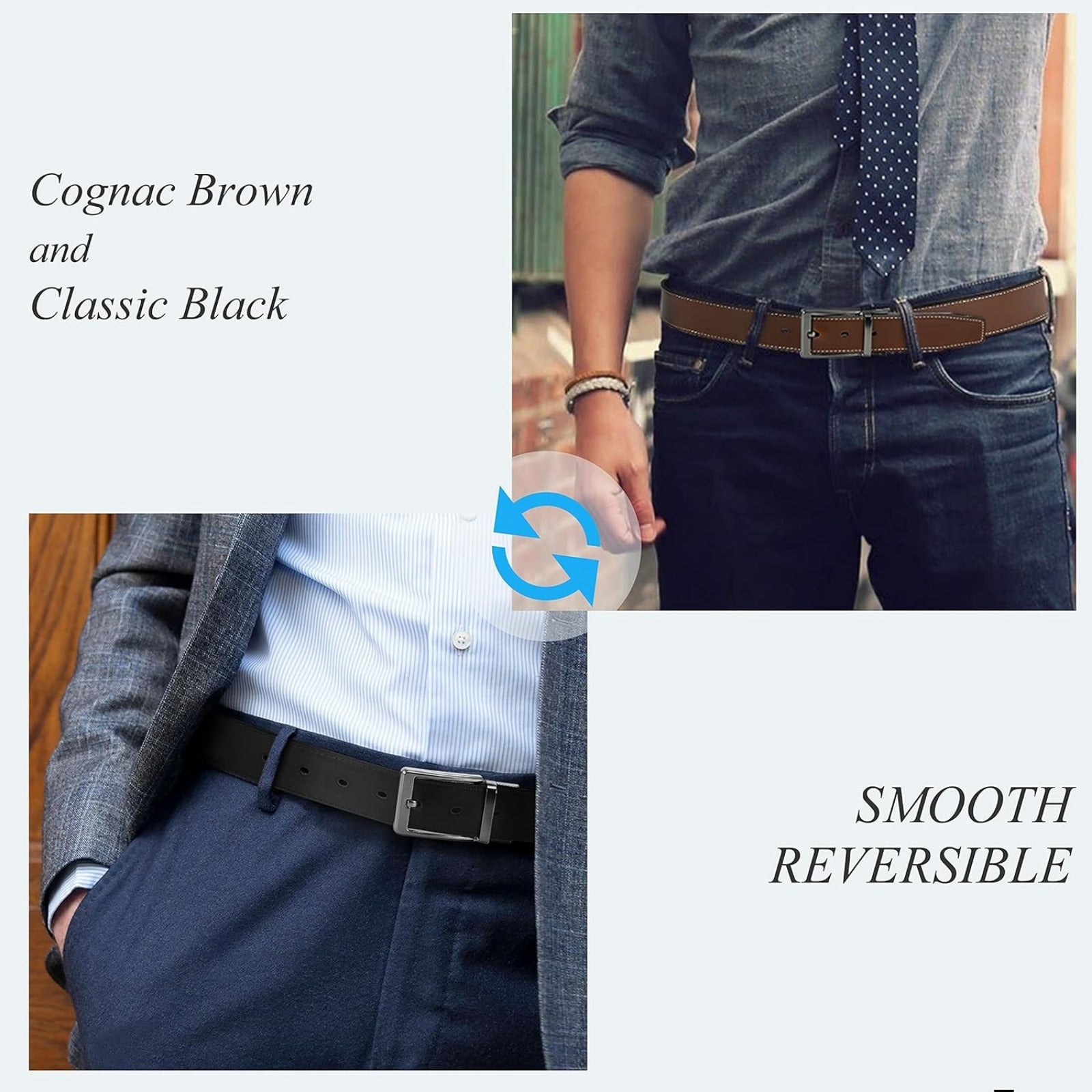 "Chaoren Reversible Leather Belt for Men, 1 3/8"" Width, Dress Pants, 2 Styles in One" - La Tienda Bella