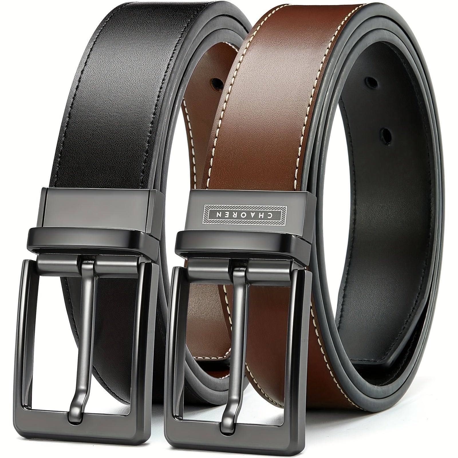 "Chaoren Reversible Leather Belt for Men, 1 3/8"" Width, Dress Pants, 2 Styles in One" - La Tienda Bella
