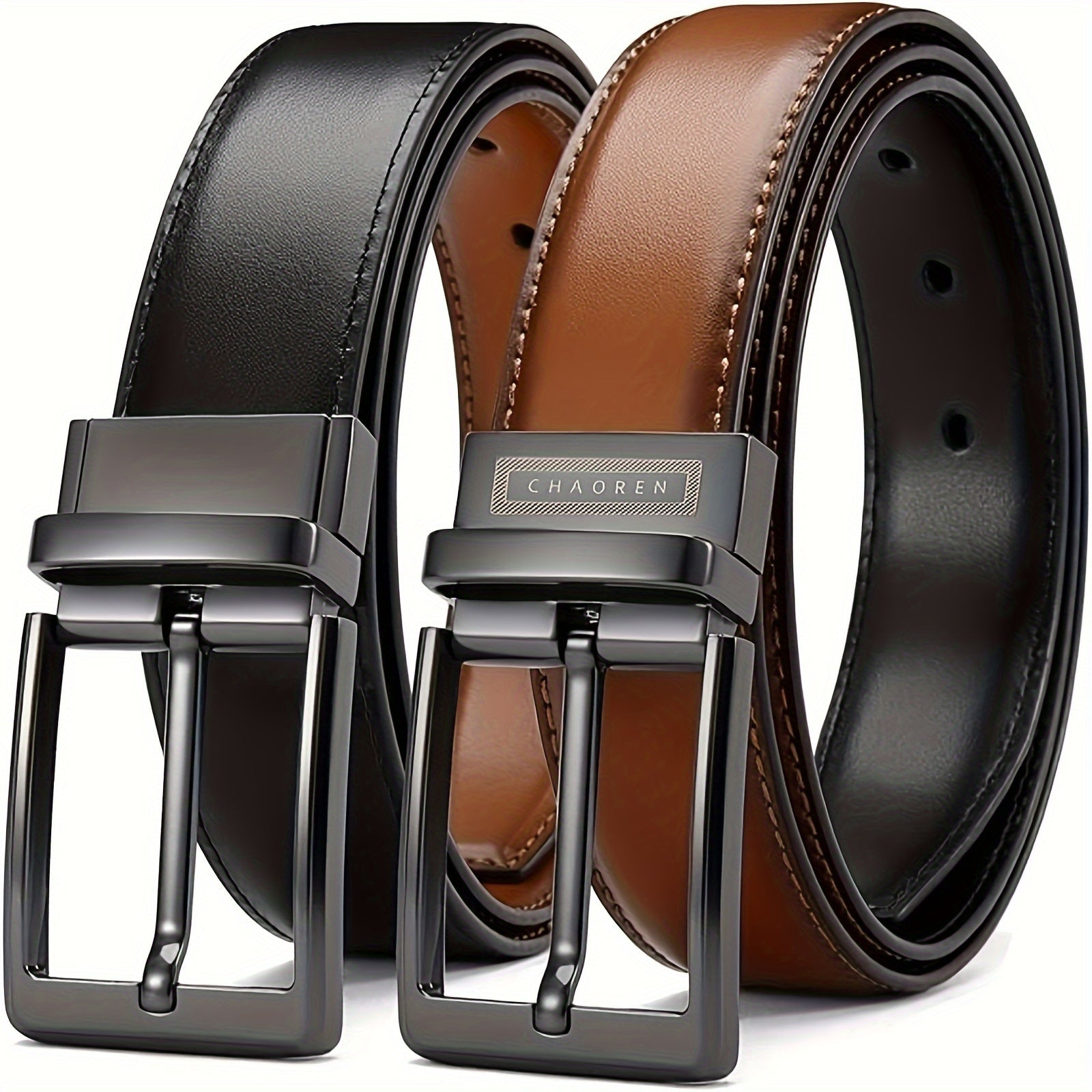 "Chaoren Reversible Leather Belt for Men, 1 3/8"" Width, Dress Pants, 2 Styles in One" - La Tienda Bella