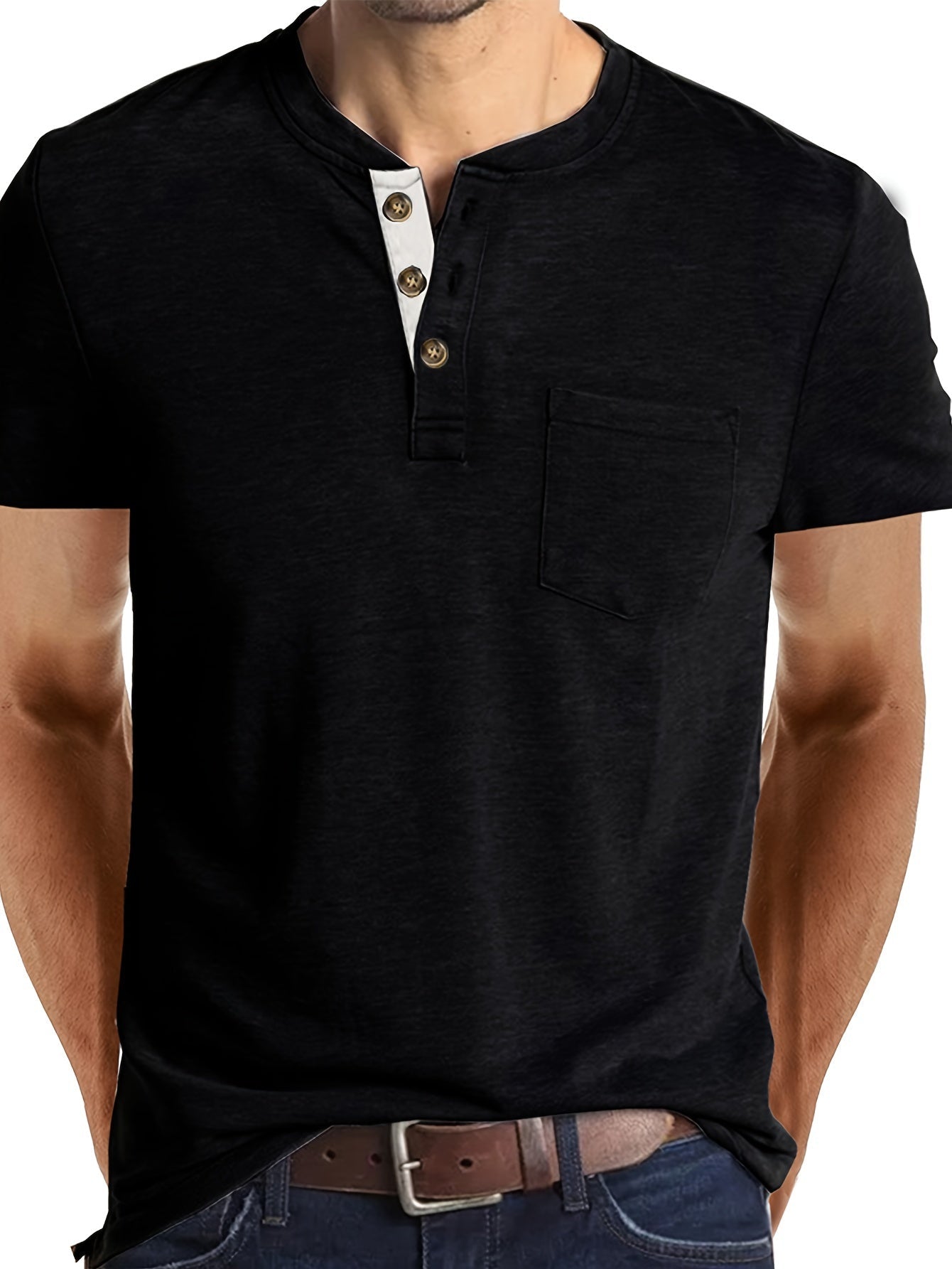 Classic Henley Shirt for Men - Short Sleeve, Breasted Pocket, Contrast Color Placket, Cotton Blend, Trendy, Breathable, Comfortable, Perfect for Daily and Holiday Wear - La Tienda Bella