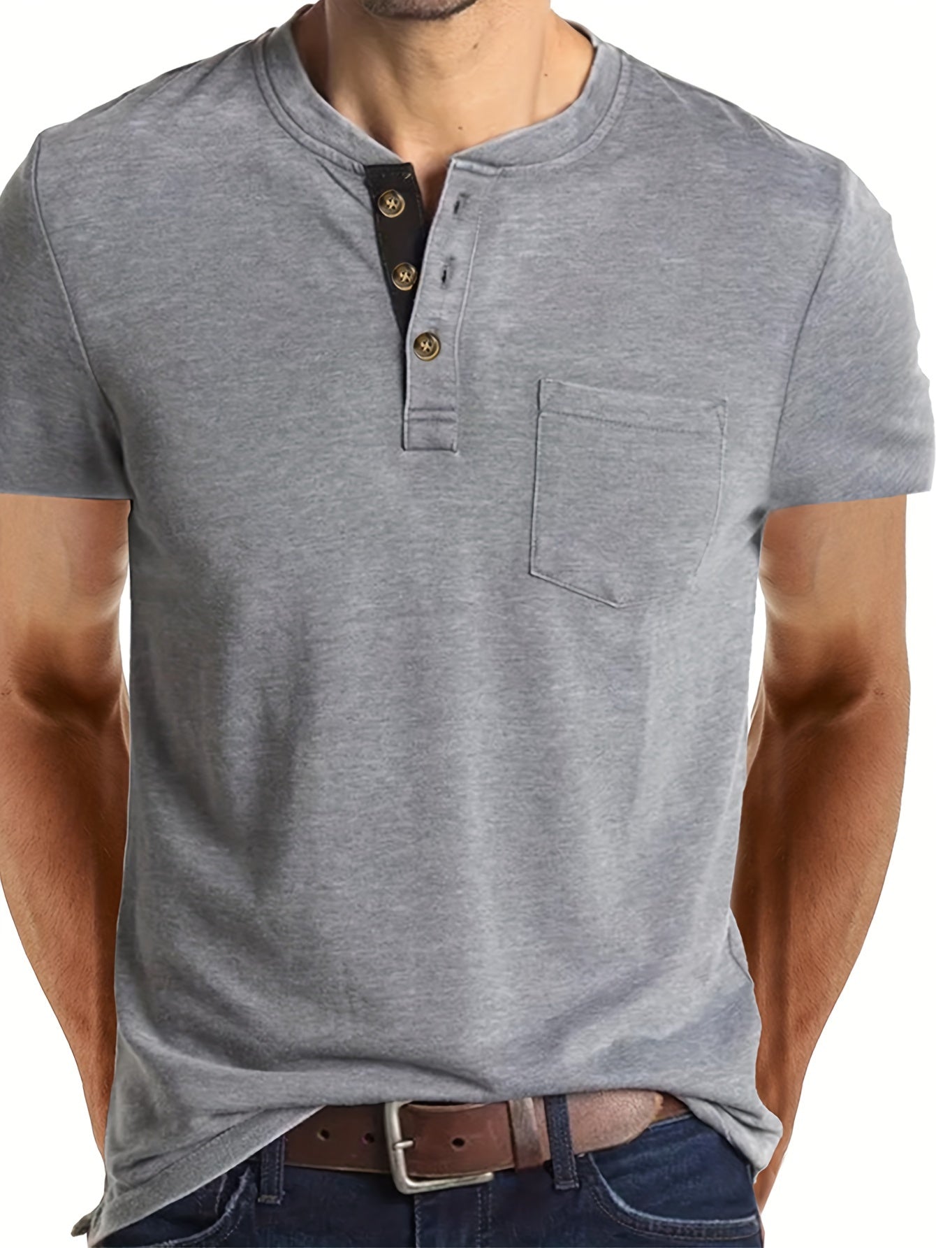 Classic Henley Shirt for Men - Short Sleeve, Breasted Pocket, Contrast Color Placket, Cotton Blend, Trendy, Breathable, Comfortable, Perfect for Daily and Holiday Wear - La Tienda Bella