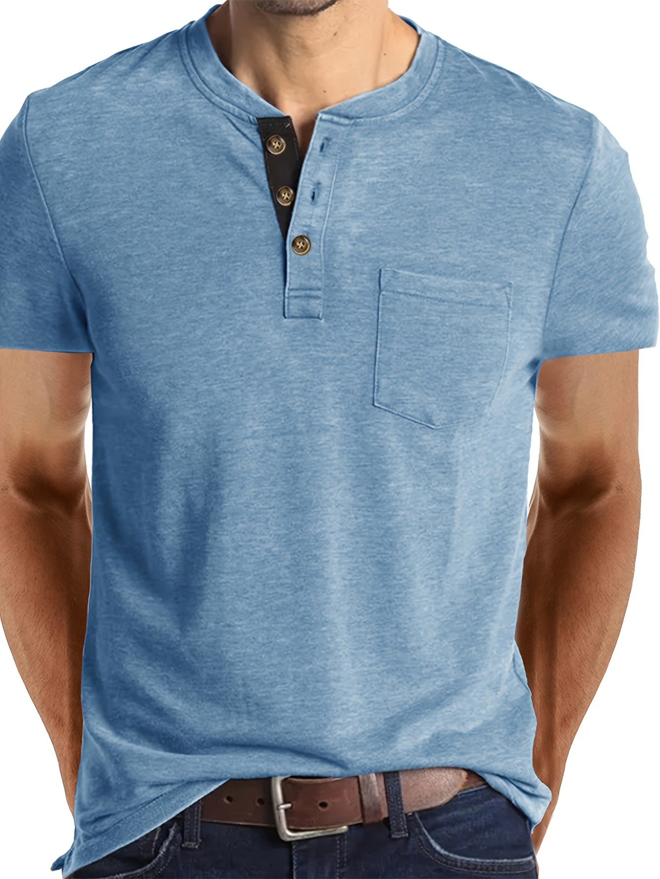 Classic Henley Shirt for Men - Short Sleeve, Breasted Pocket, Contrast Color Placket, Cotton Blend, Trendy, Breathable, Comfortable, Perfect for Daily and Holiday Wear - La Tienda Bella