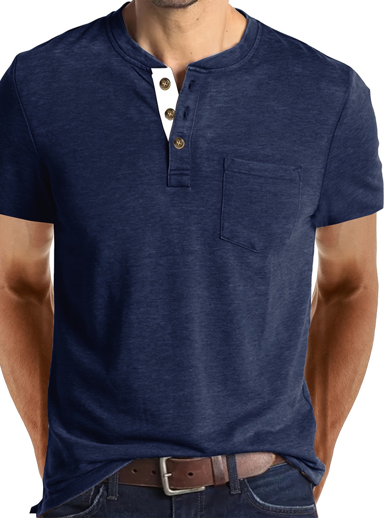 Classic Henley Shirt for Men - Short Sleeve, Breasted Pocket, Contrast Color Placket, Cotton Blend, Trendy, Breathable, Comfortable, Perfect for Daily and Holiday Wear - La Tienda Bella
