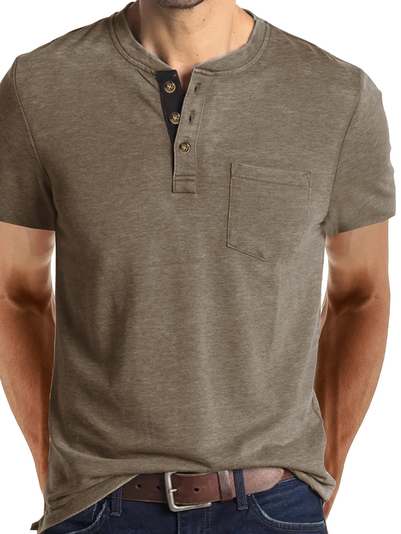 Classic Henley Shirt for Men - Short Sleeve, Breasted Pocket, Contrast Color Placket, Cotton Blend, Trendy, Breathable, Comfortable, Perfect for Daily and Holiday Wear - La Tienda Bella