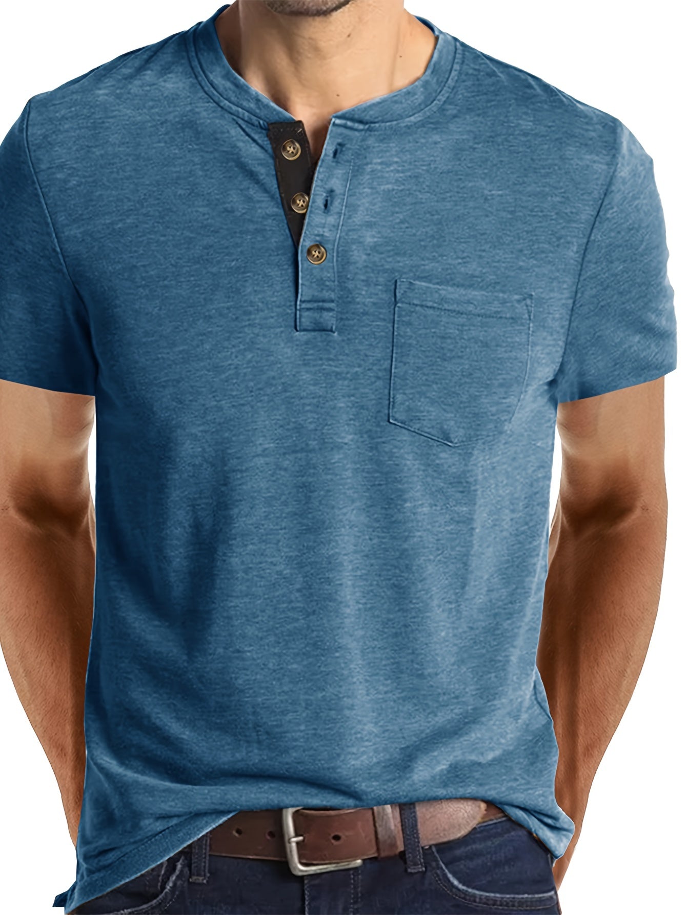 Classic Henley Shirt for Men - Short Sleeve, Breasted Pocket, Contrast Color Placket, Cotton Blend, Trendy, Breathable, Comfortable, Perfect for Daily and Holiday Wear - La Tienda Bella