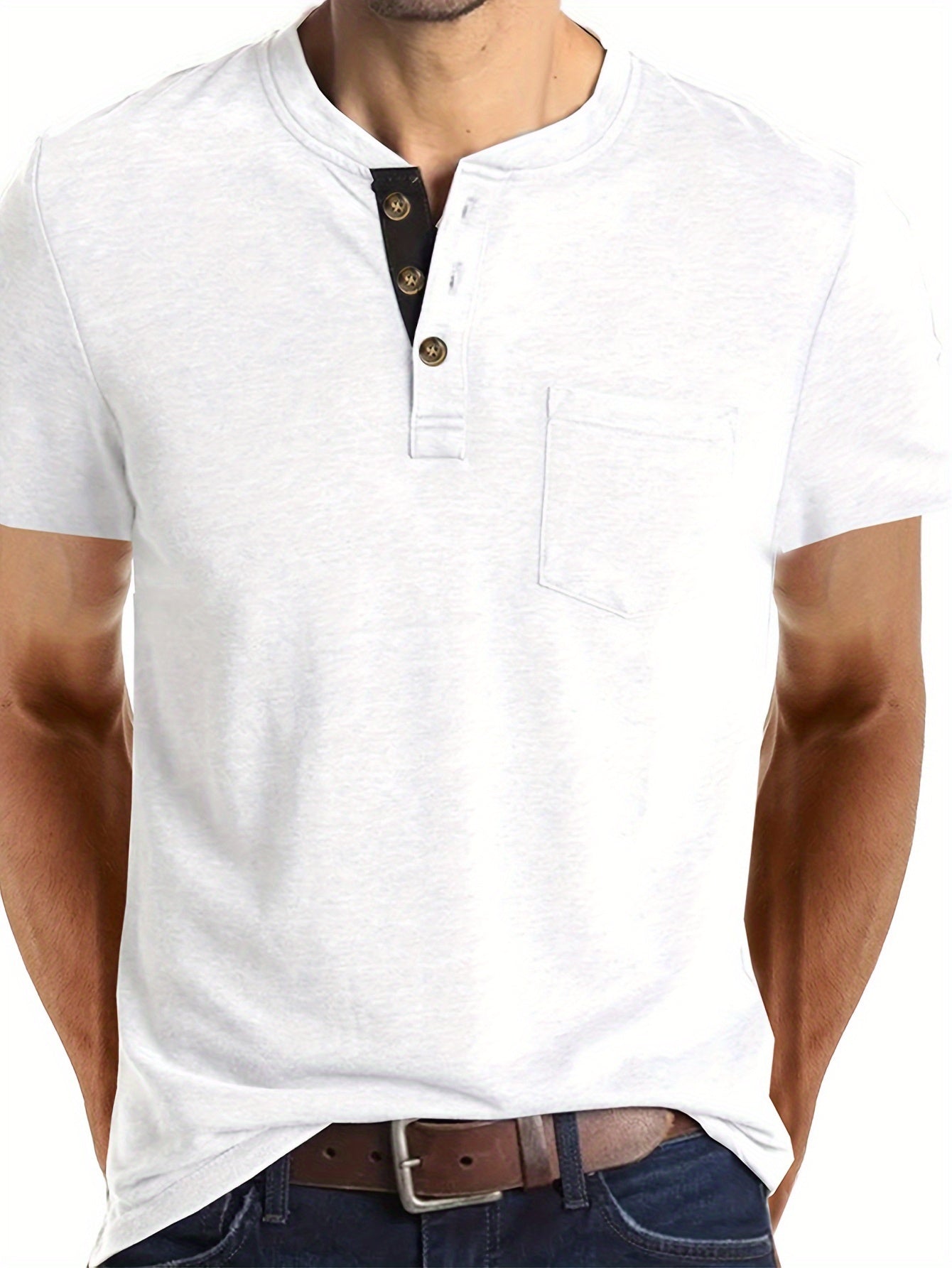 Classic Henley Shirt for Men - Short Sleeve, Breasted Pocket, Contrast Color Placket, Cotton Blend, Trendy, Breathable, Comfortable, Perfect for Daily and Holiday Wear - La Tienda Bella
