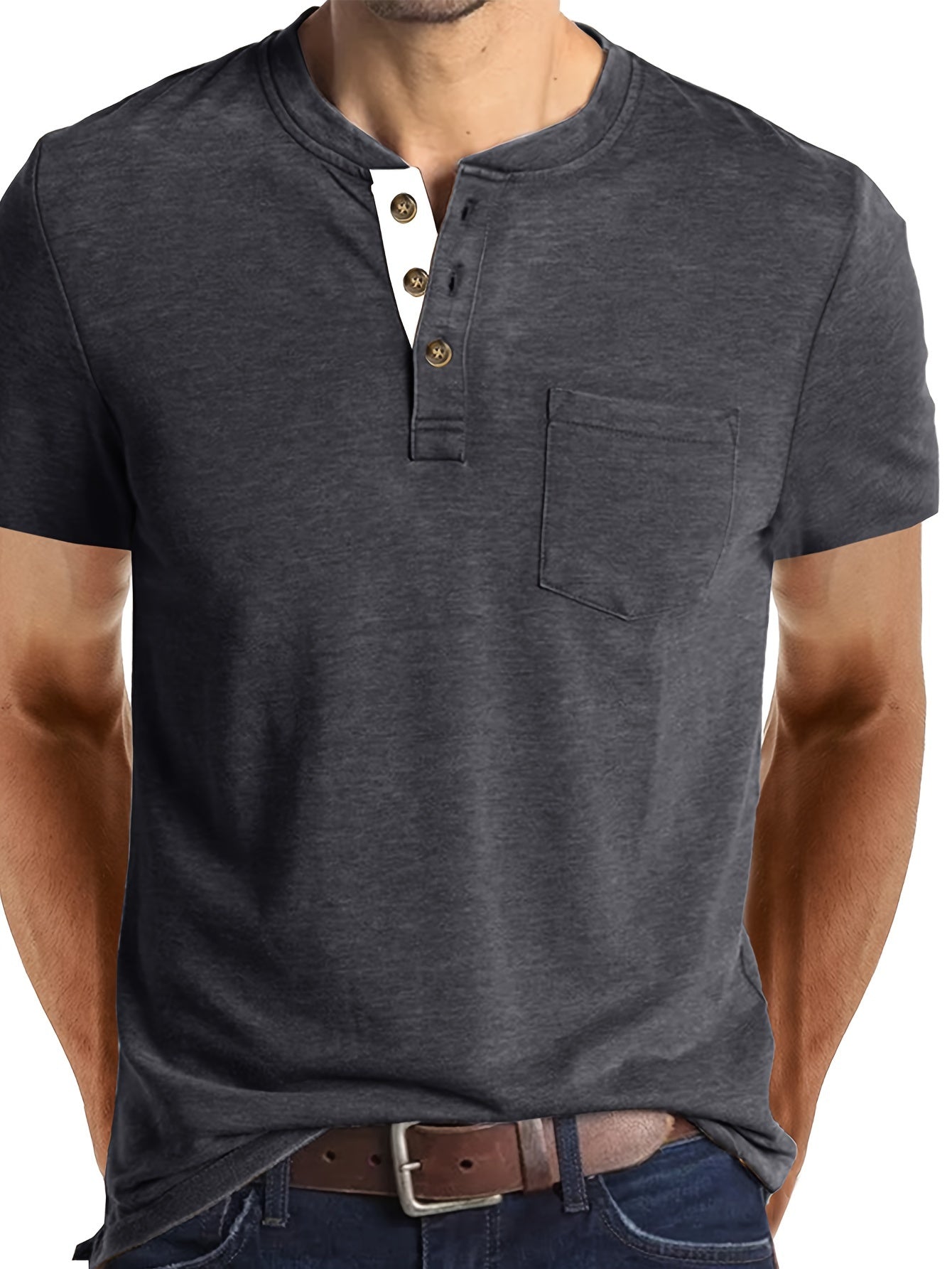 Classic Henley Shirt for Men - Short Sleeve, Breasted Pocket, Contrast Color Placket, Cotton Blend, Trendy, Breathable, Comfortable, Perfect for Daily and Holiday Wear - La Tienda Bella