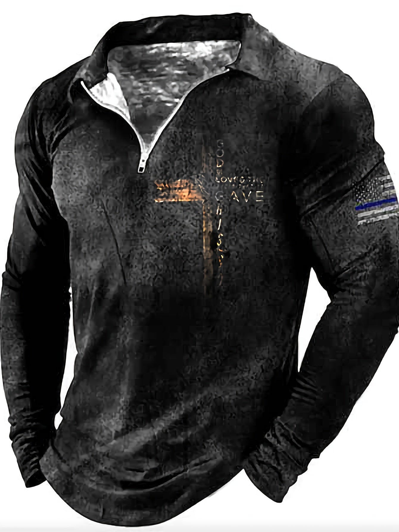 Distressed Pattern Long Sleeve Half - zip Lapel T-shirt for Men - Stylish Casual Wear for Spring and Autumn - Trendy Gift Idea with Cross Design - La Tienda Bella