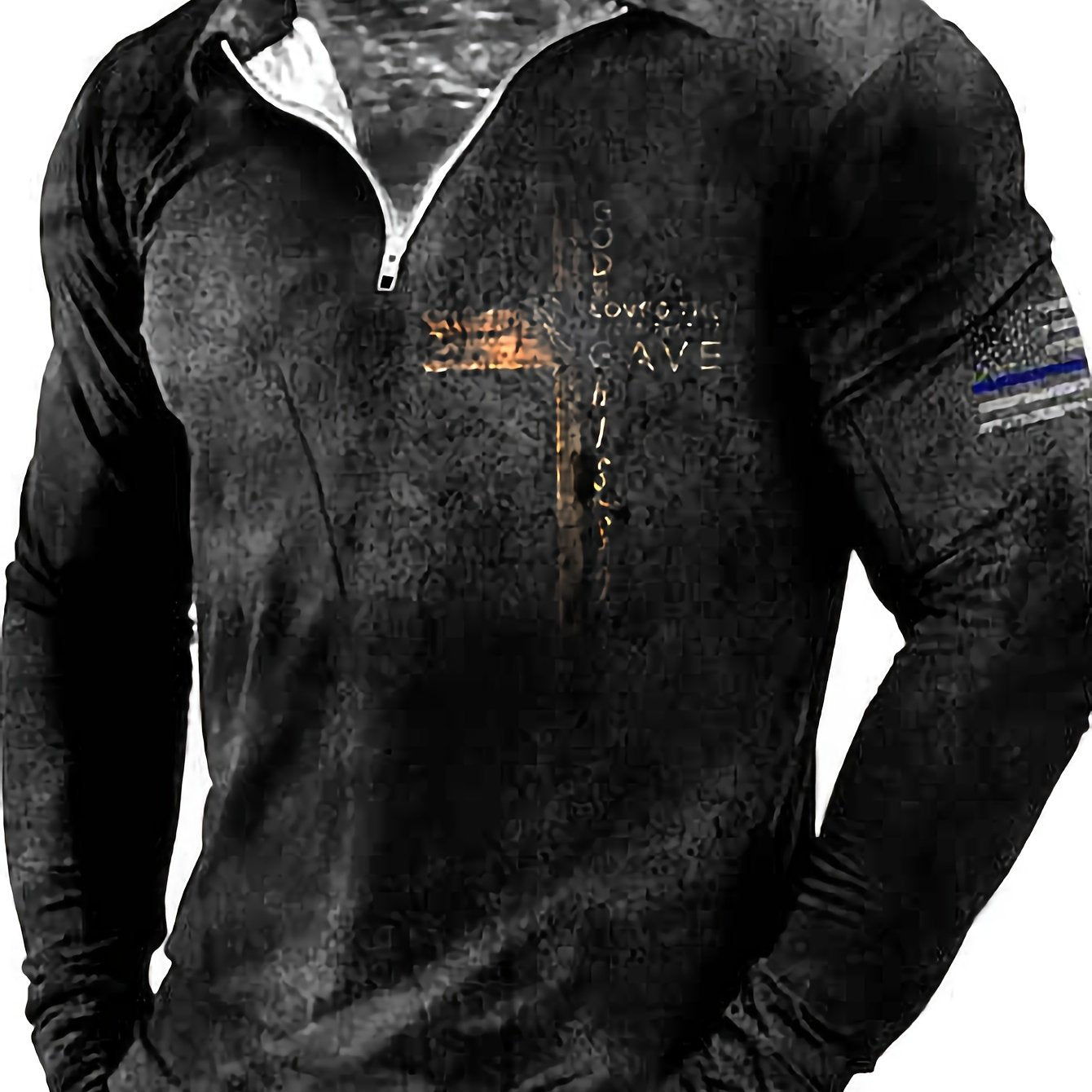 Distressed Pattern Long Sleeve Half - zip Lapel T-shirt for Men - Stylish Casual Wear for Spring and Autumn - Trendy Gift Idea with Cross Design - La Tienda Bella
