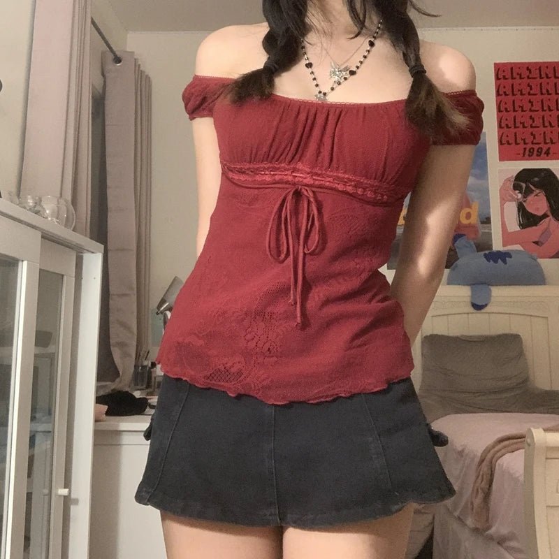 Elegant Lady Square Collar T-shirt Kawaii Bow Short Sleeve Pullovers Tees Y2K Vintage Fairy - La Tienda Bella