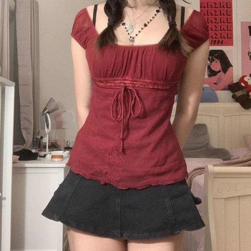 Elegant Lady Square Collar T-shirt Kawaii Bow Short Sleeve Pullovers Tees Y2K Vintage Fairy - La Tienda Bella