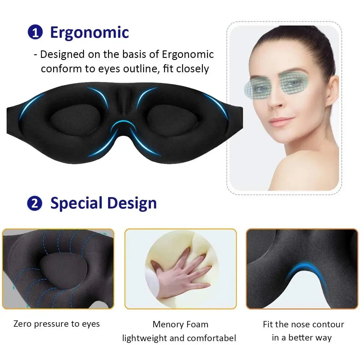 Eye Mask for Sleeping 3D Contoured Cup Blindfold Concave Molded Night Sleep Mask Block Out Light with Women Men - La Tienda Bella
