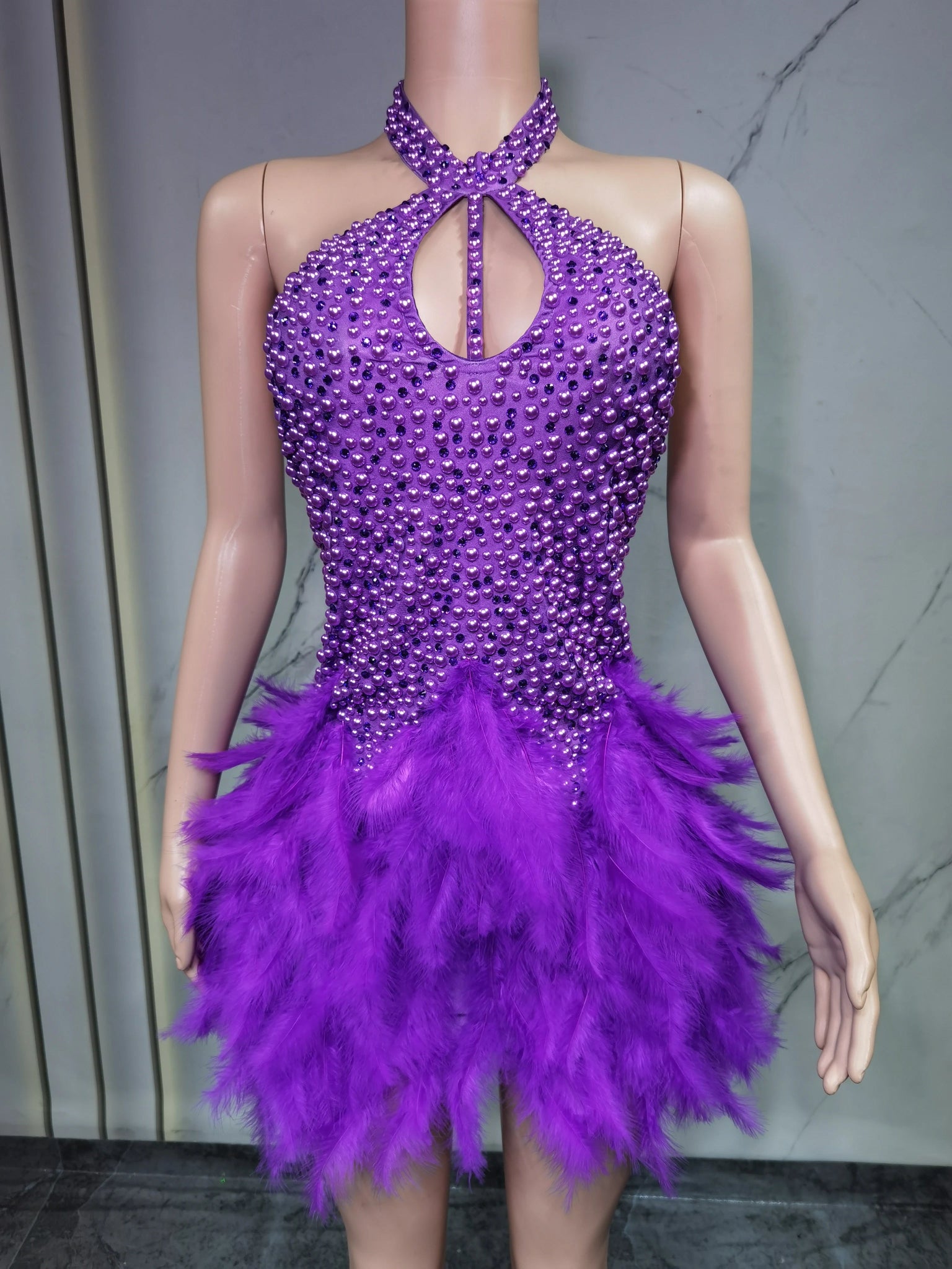 Fashion 2025new sexy Latin dance dress with airy hollow design, feather skirt hanging neck skirt - La Tienda Bella