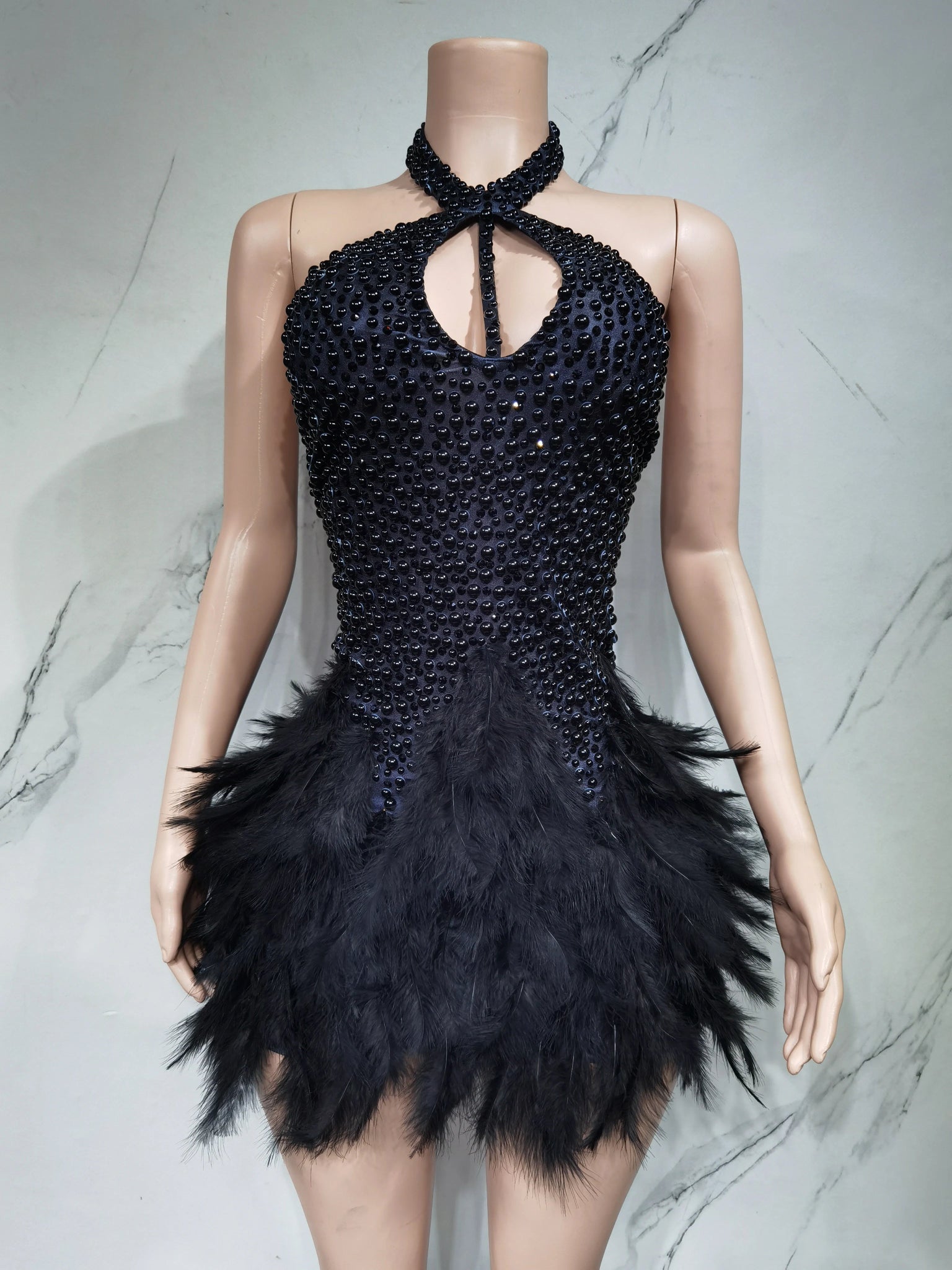 Fashion 2025new sexy Latin dance dress with airy hollow design, feather skirt hanging neck skirt - La Tienda Bella