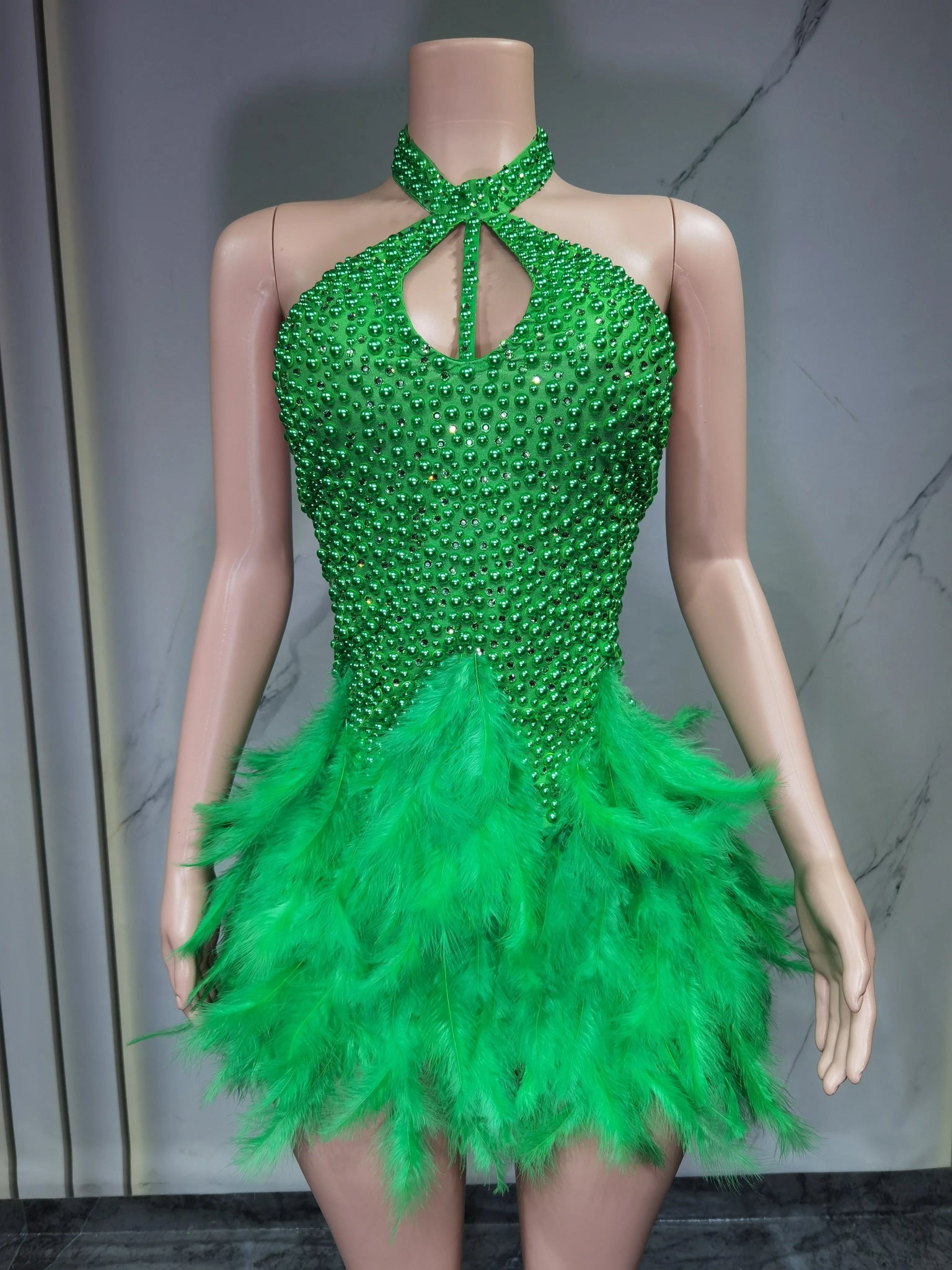 Fashion 2025new sexy Latin dance dress with airy hollow design, feather skirt hanging neck skirt - La Tienda Bella