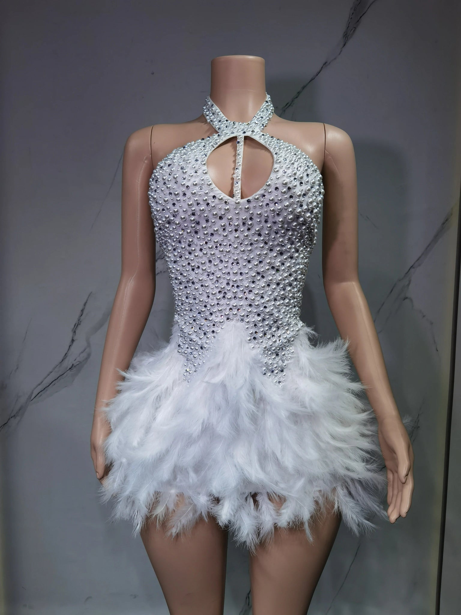 Fashion 2025new sexy Latin dance dress with airy hollow design, feather skirt hanging neck skirt - La Tienda Bella