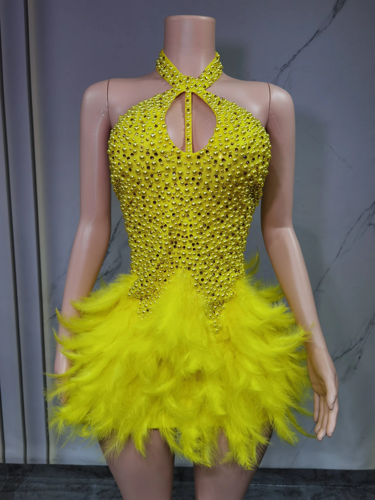 Fashion 2025new sexy Latin dance dress with airy hollow design, feather skirt hanging neck skirt - La Tienda Bella
