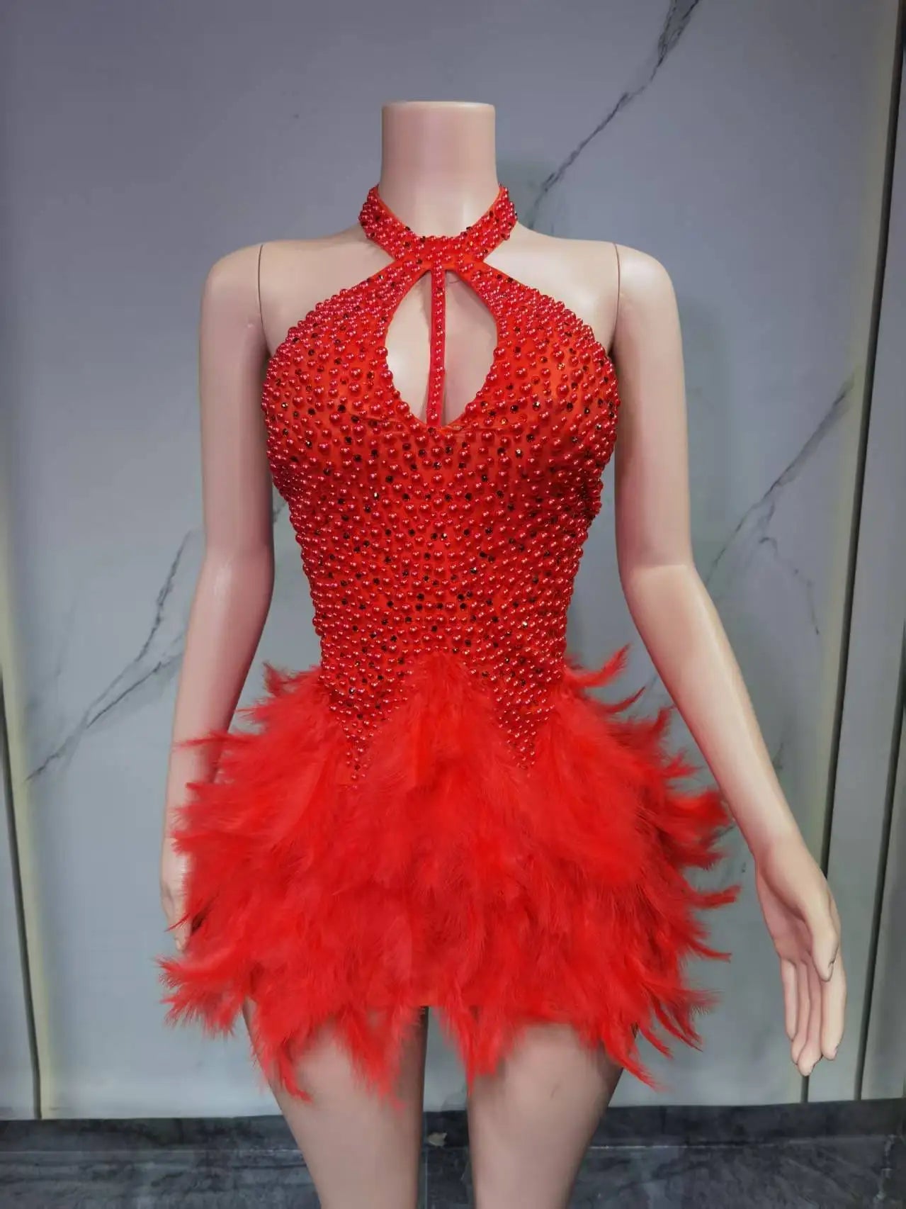 Fashion 2025new sexy Latin dance dress with airy hollow design, feather skirt hanging neck skirt - La Tienda Bella