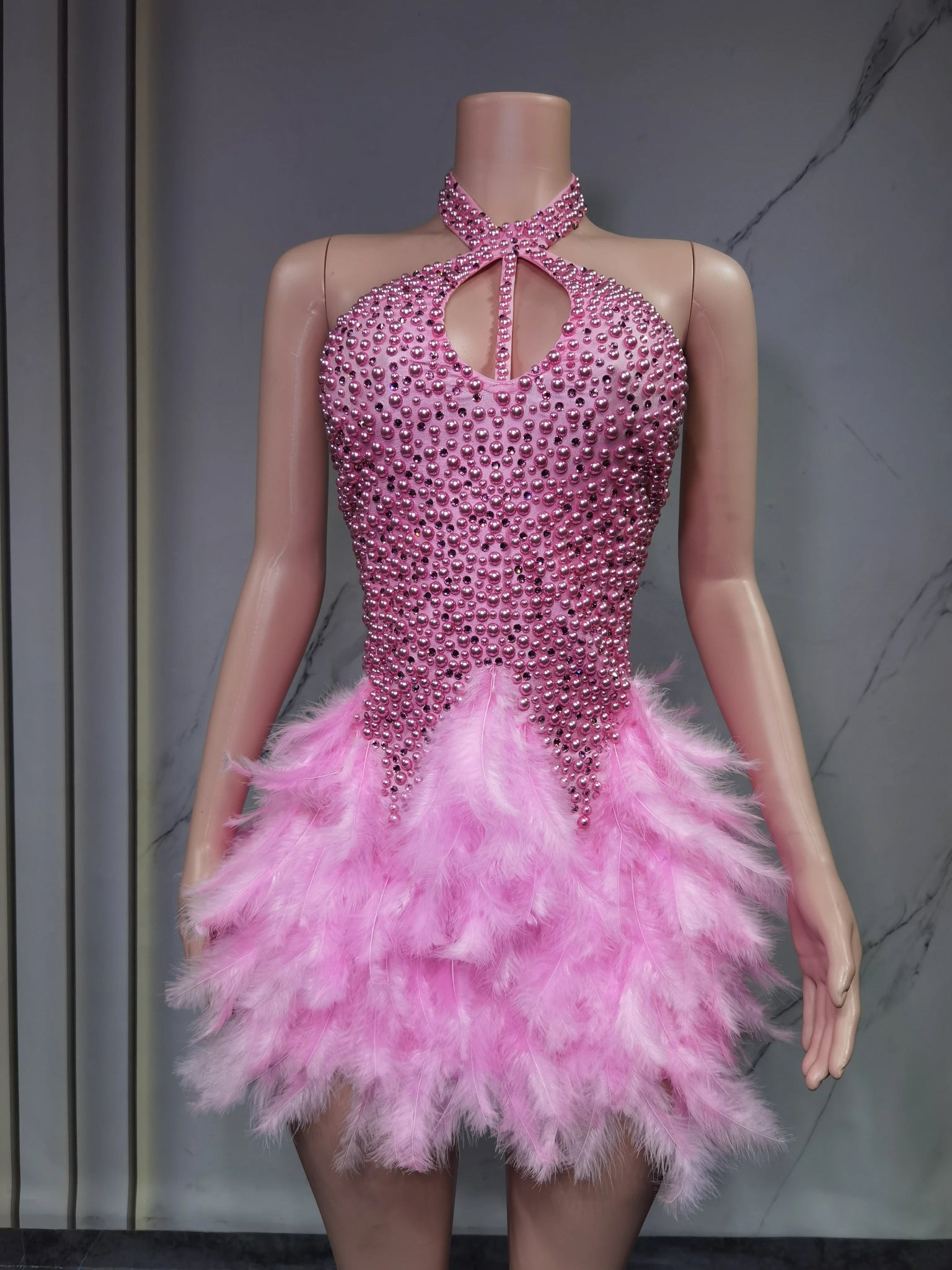 Fashion 2025new sexy Latin dance dress with airy hollow design, feather skirt hanging neck skirt - La Tienda Bella