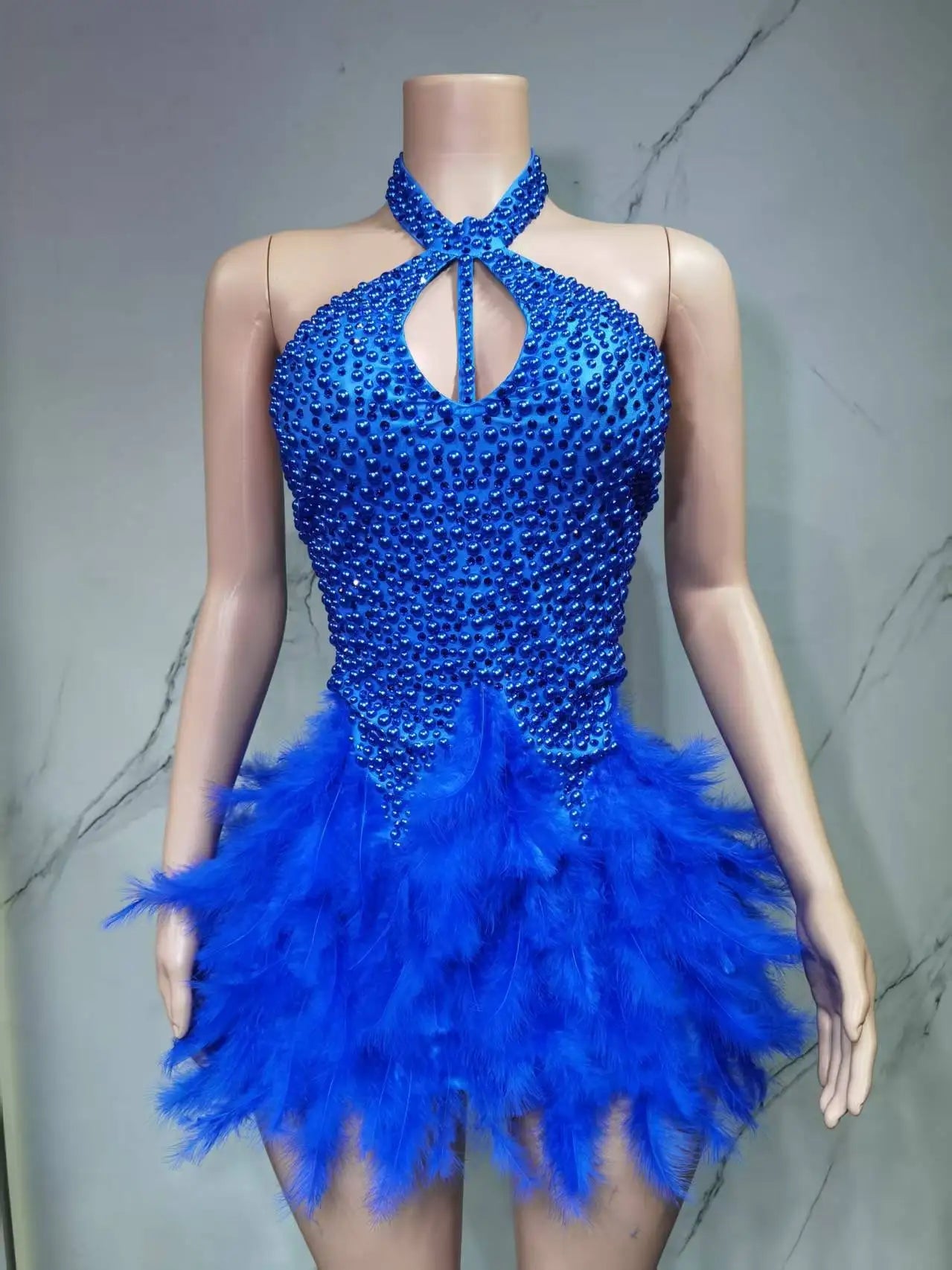 Fashion 2025new sexy Latin dance dress with airy hollow design, feather skirt hanging neck skirt - La Tienda Bella