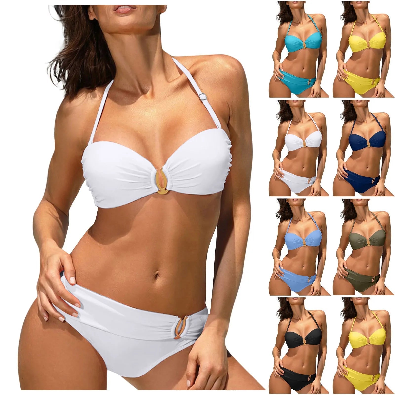 Fashionable Beach Style Bikini Suits For Women's Sexy Solid Color Neck Handing Neck Backless - La Tienda Bella