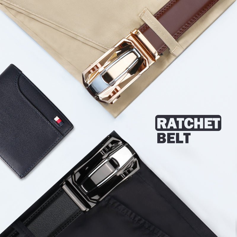 Genuine Leather 2pcs Ratchet Belt for Men - Adjustable Automatic Durable Alloy Buckle, High - Quality Leather Panel, Versatile Casual Business Style, Easy to Wear - Suitable for Any Occasion Valentine's Day - La Tienda Bella