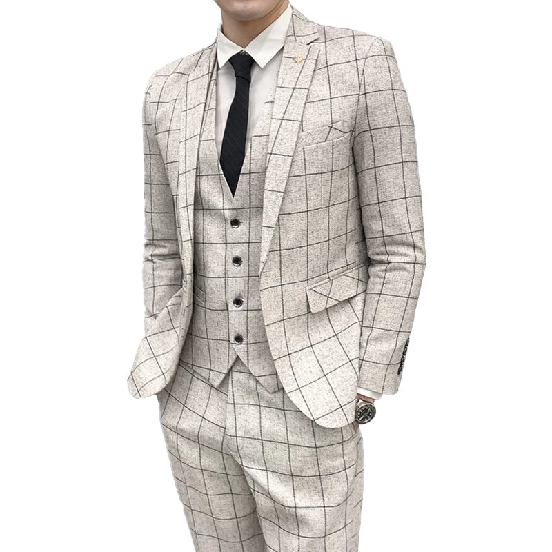 ( Jacket + Vest + Pants ) Men's Fashion Boutique Plaid Formal Business Suit Slim Plaid Wedding Mens Suit Beige Gray Black Blue - La Tienda Bella