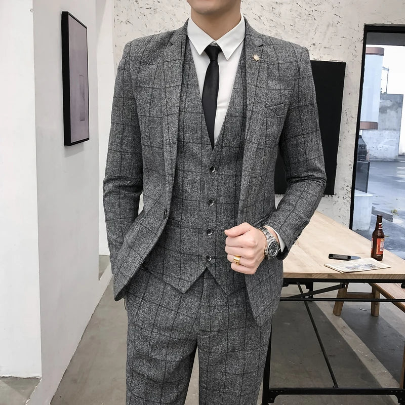 ( Jacket + Vest + Pants ) Men's Fashion Boutique Plaid Formal Business Suit Slim Plaid Wedding Mens Suit Beige Gray Black Blue - La Tienda Bella