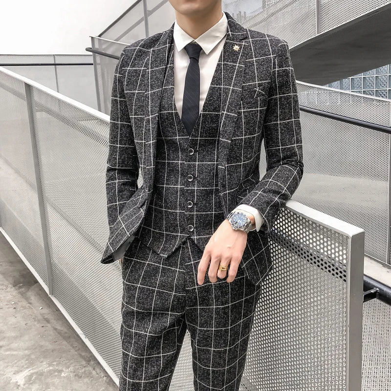 ( Jacket + Vest + Pants ) Men's Fashion Boutique Plaid Formal Business Suit Slim Plaid Wedding Mens Suit Beige Gray Black Blue - La Tienda Bella