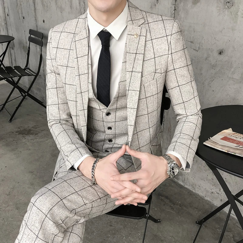 ( Jacket + Vest + Pants ) Men's Fashion Boutique Plaid Formal Business Suit Slim Plaid Wedding Mens Suit Beige Gray Black Blue - La Tienda Bella