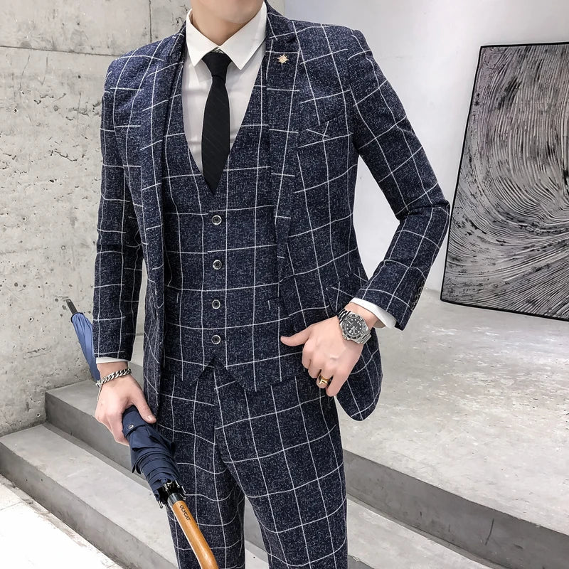 ( Jacket + Vest + Pants ) Men's Fashion Boutique Plaid Formal Business Suit Slim Plaid Wedding Mens Suit Beige Gray Black Blue - La Tienda Bella