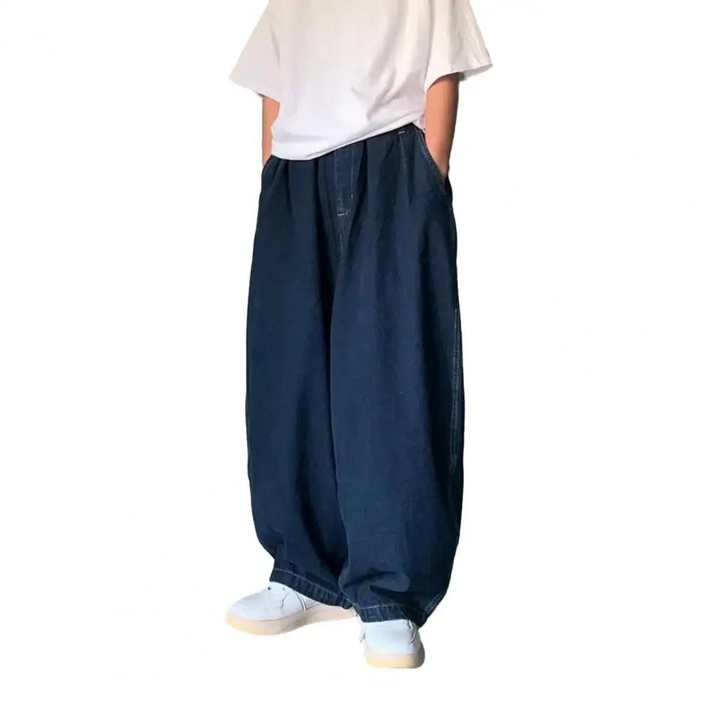 Men Jeans Mid - rise Elastic Waistband Men Jeans Pockets Solid Color Men Baggy Jeans Wide Leg Denim Men Pants Streetwear - La Tienda Bella