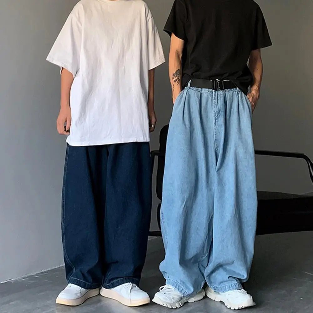 Men Jeans Mid - rise Elastic Waistband Men Jeans Pockets Solid Color Men Baggy Jeans Wide Leg Denim Men Pants Streetwear - La Tienda Bella