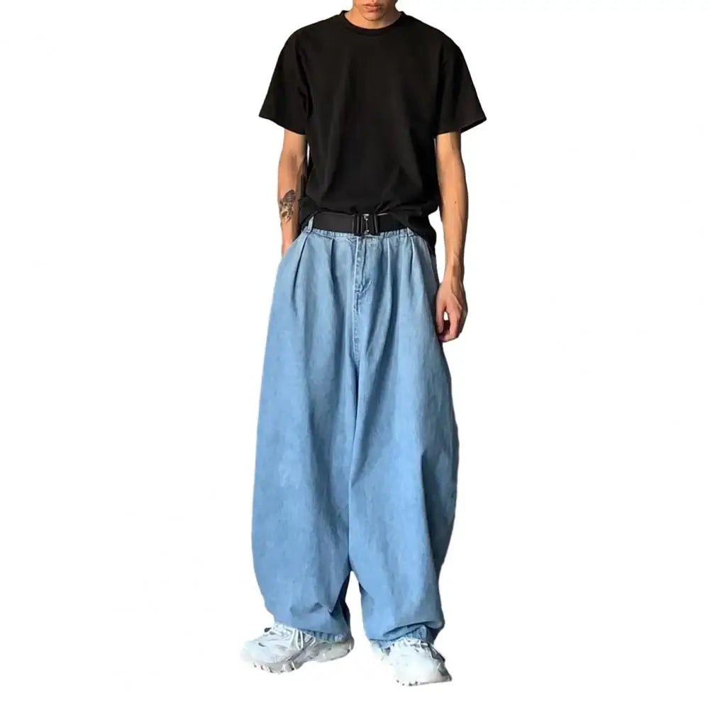Men Jeans Mid - rise Elastic Waistband Men Jeans Pockets Solid Color Men Baggy Jeans Wide Leg Denim Men Pants Streetwear - La Tienda Bella
