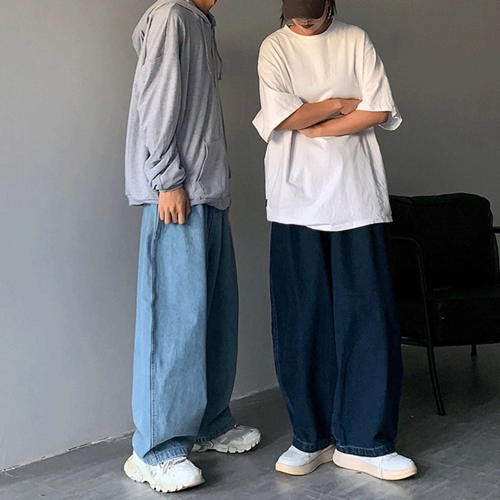 Men Jeans Mid - rise Elastic Waistband Men Jeans Pockets Solid Color Men Baggy Jeans Wide Leg Denim Men Pants Streetwear - La Tienda Bella