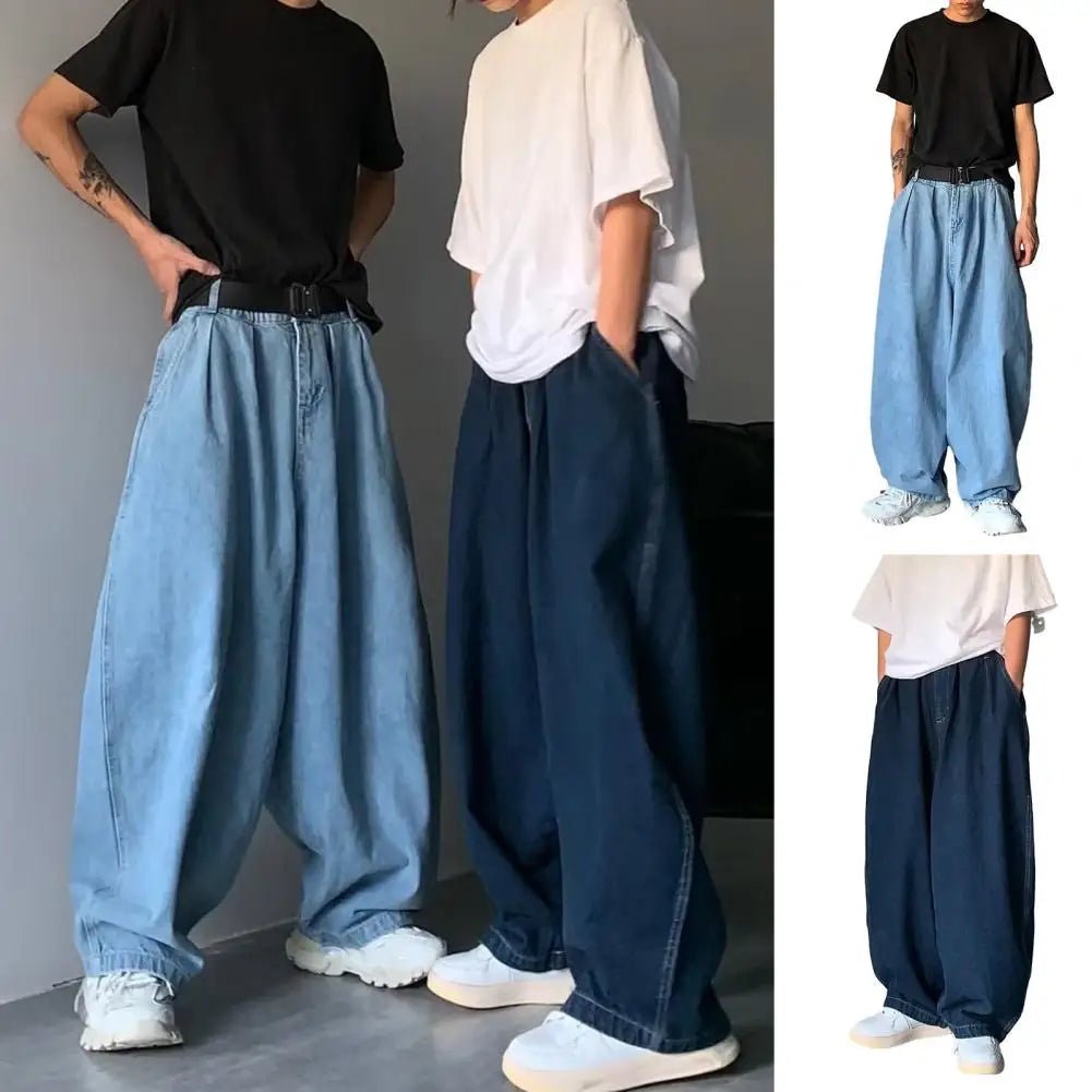 Men Jeans Mid - rise Elastic Waistband Men Jeans Pockets Solid Color Men Baggy Jeans Wide Leg Denim Men Pants Streetwear - La Tienda Bella