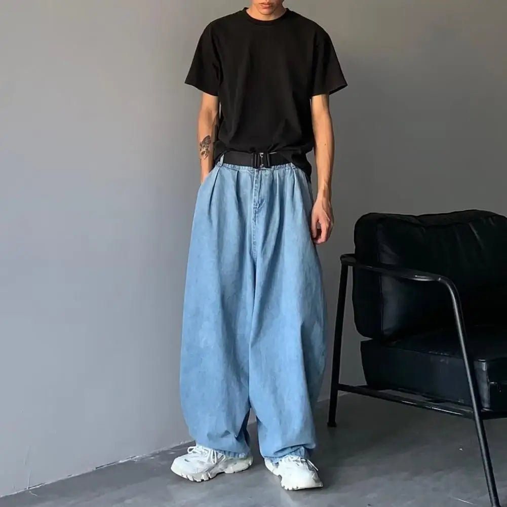 Men Jeans Mid - rise Elastic Waistband Men Jeans Pockets Solid Color Men Baggy Jeans Wide Leg Denim Men Pants Streetwear - La Tienda Bella