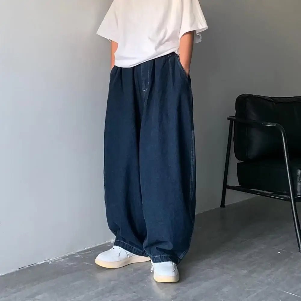Men Jeans Mid - rise Elastic Waistband Men Jeans Pockets Solid Color Men Baggy Jeans Wide Leg Denim Men Pants Streetwear - La Tienda Bella