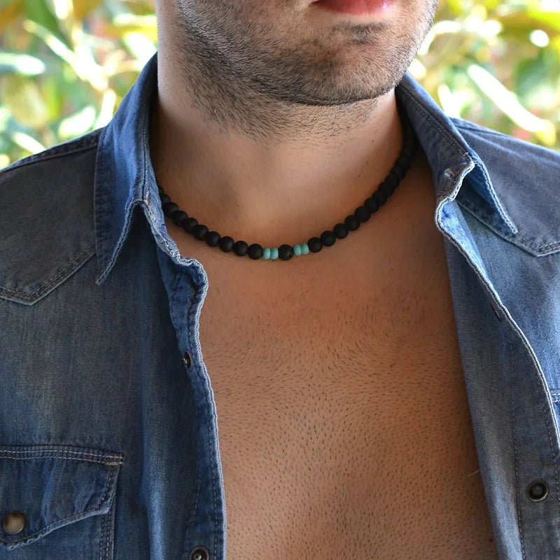 men necklace, necklace for men, Men lava bead Necklace, Mens Beaded necklace, turquoise necklace men - La Tienda Bella