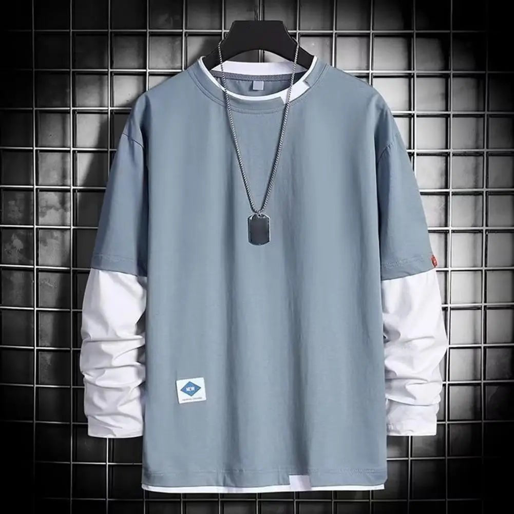 Men T-shirt Chic Color Matching Fall Spring Top Streetwear Men Spring T-shirt Crew Neck Color Matching Men Top Men Clothes - La Tienda Bella