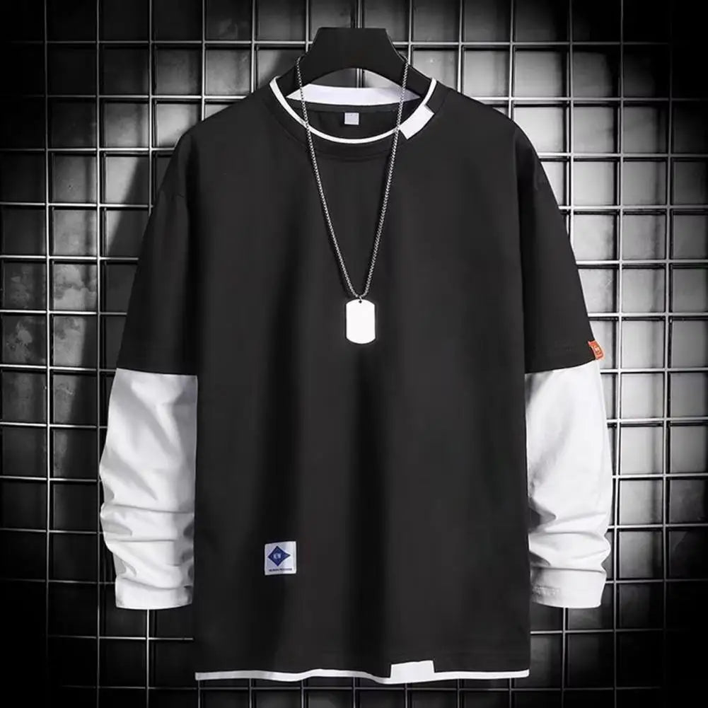 Men T-shirt Chic Color Matching Fall Spring Top Streetwear Men Spring T-shirt Crew Neck Color Matching Men Top Men Clothes - La Tienda Bella