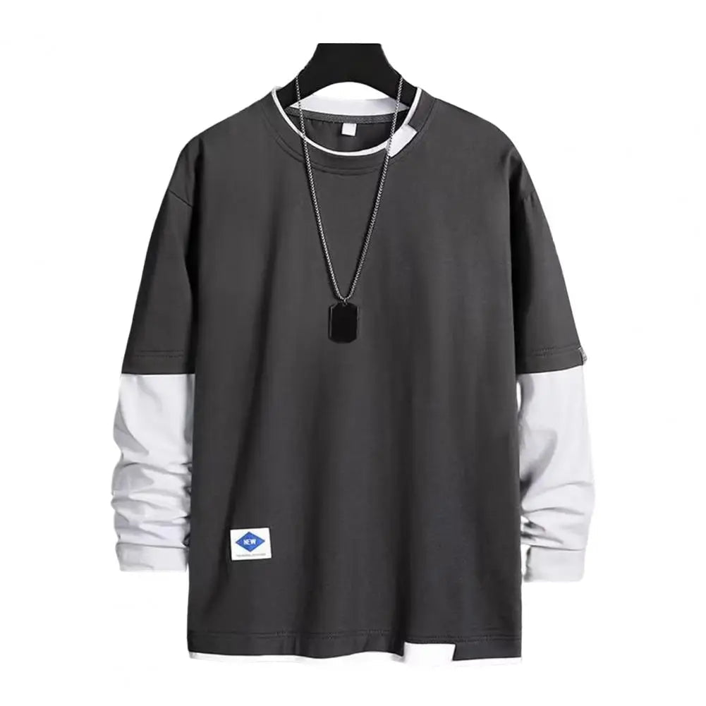 Men T-shirt Chic Color Matching Fall Spring Top Streetwear Men Spring T-shirt Crew Neck Color Matching Men Top Men Clothes - La Tienda Bella