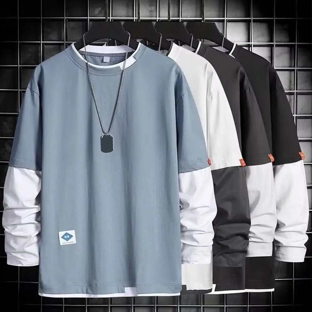 Men T-shirt Chic Color Matching Fall Spring Top Streetwear Men Spring T-shirt Crew Neck Color Matching Men Top Men Clothes - La Tienda Bella