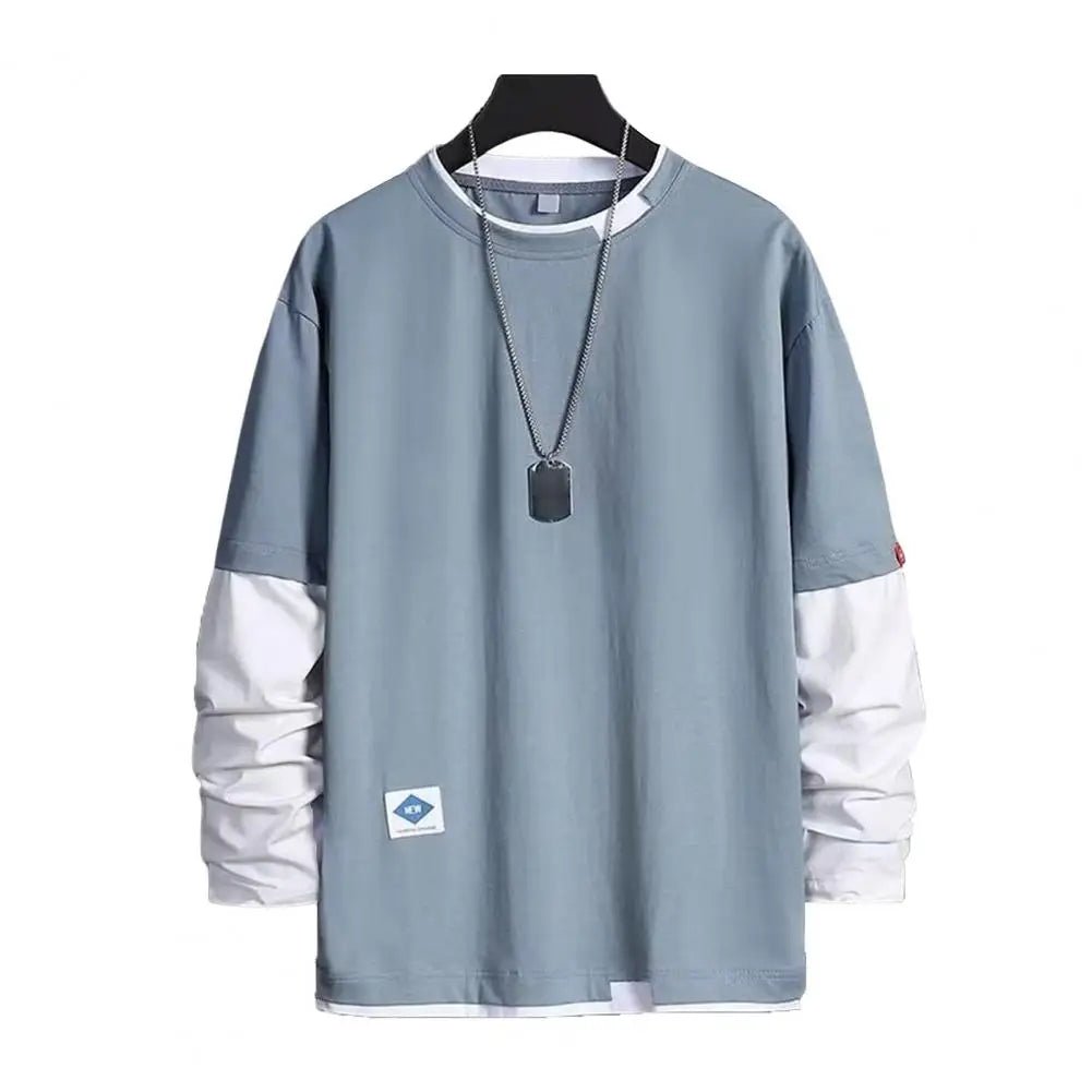 Men T-shirt Chic Color Matching Fall Spring Top Streetwear Men Spring T-shirt Crew Neck Color Matching Men Top Men Clothes - La Tienda Bella